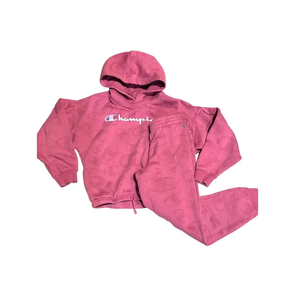 Champion Kids Matching Hoodie & Jogger Sweat Set Pink Logo Print Girls M (10)
